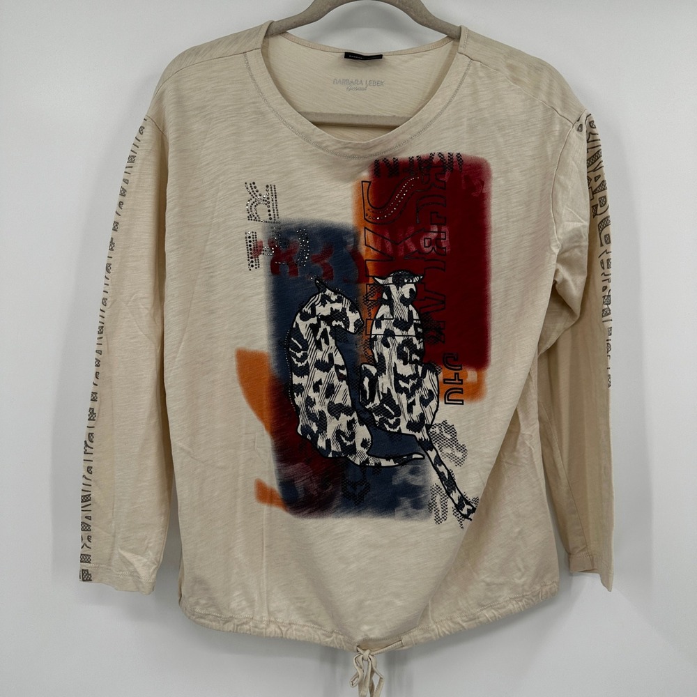 Barbara‎ Lebek Beige Graphic Long Sleeve Top Cheetah Rhinestone Drawstring Hem